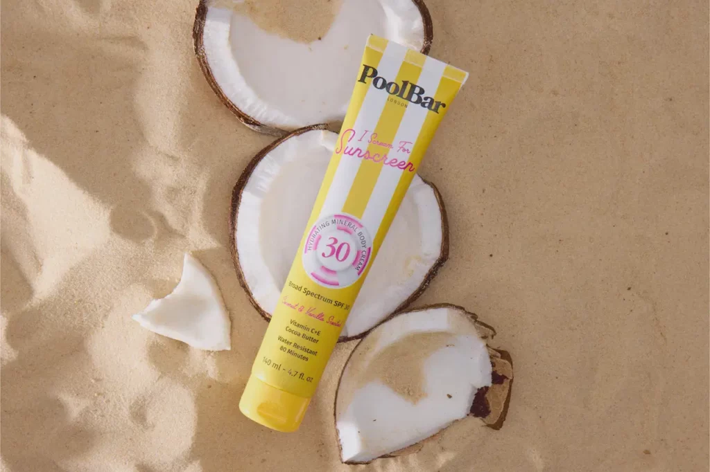 i scream for sunscreen spf 30 in coconut and sand flat lay