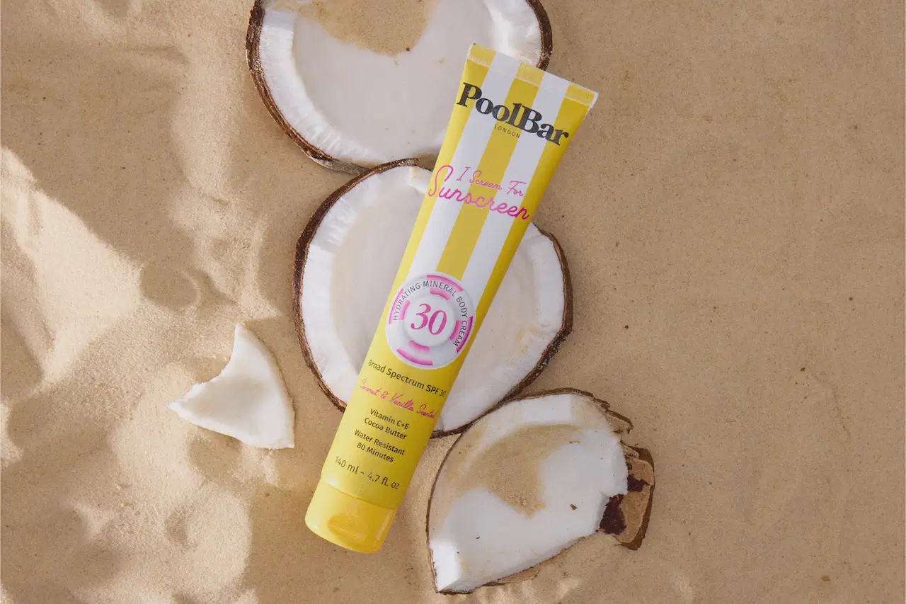i scream for sunscreen spf 30 in coconut and sand flat lay