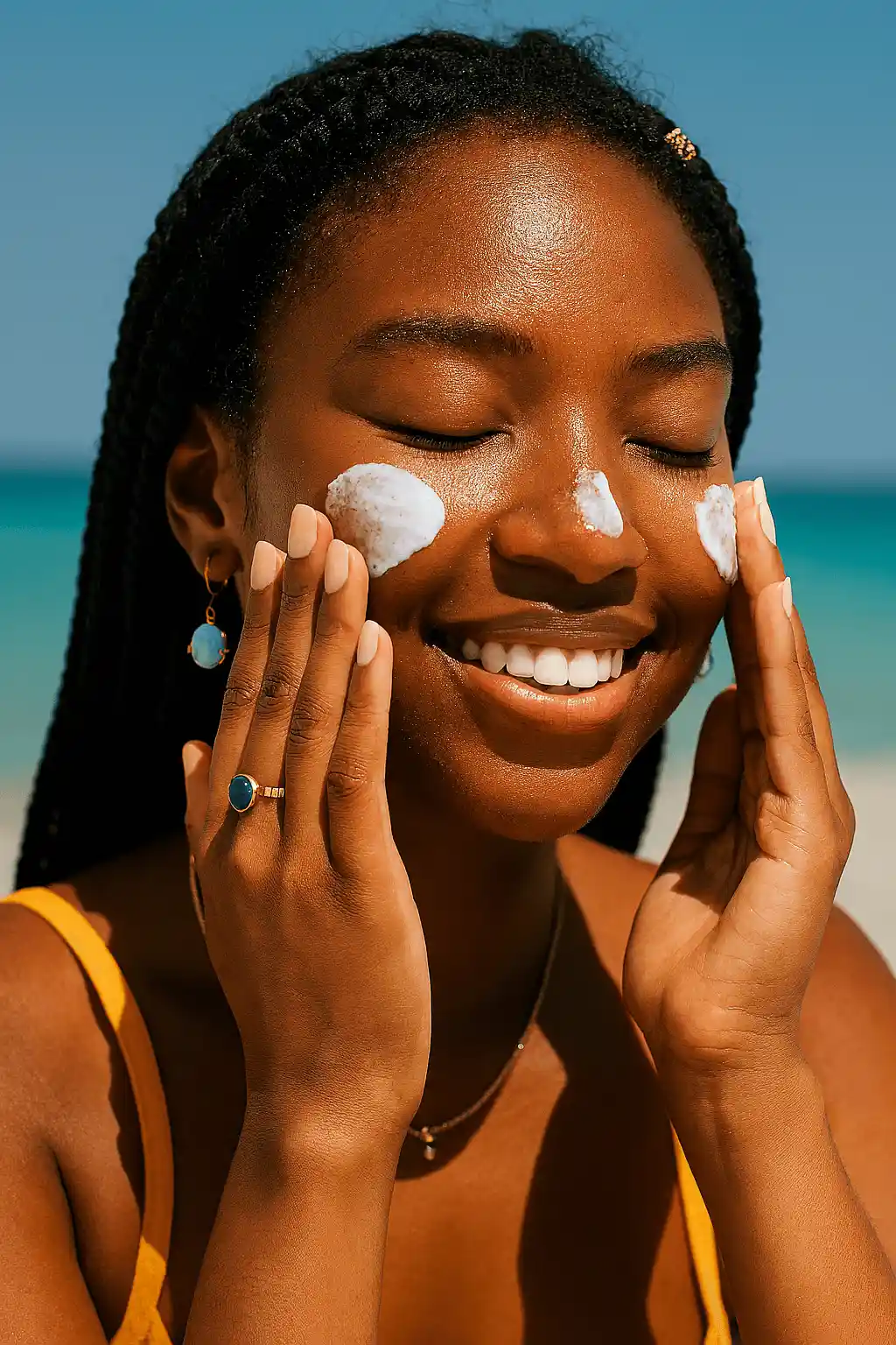 woman applying water resistant sunscreen on her face at the beach