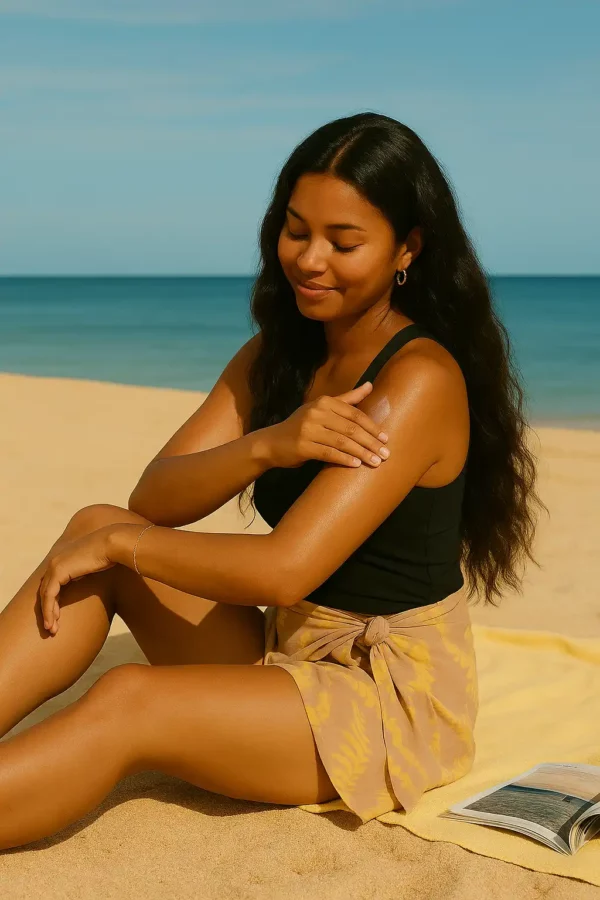 woman on beach applying sunscreen on the body
