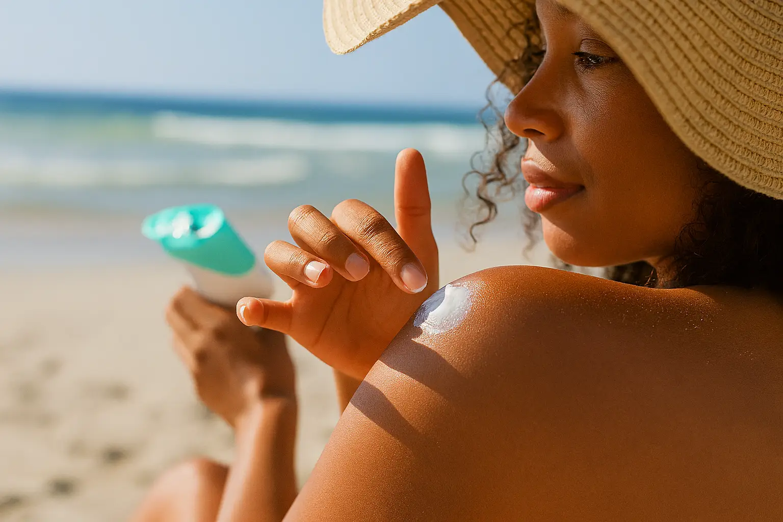 woman with sunhat applying sunscreen to shoulder